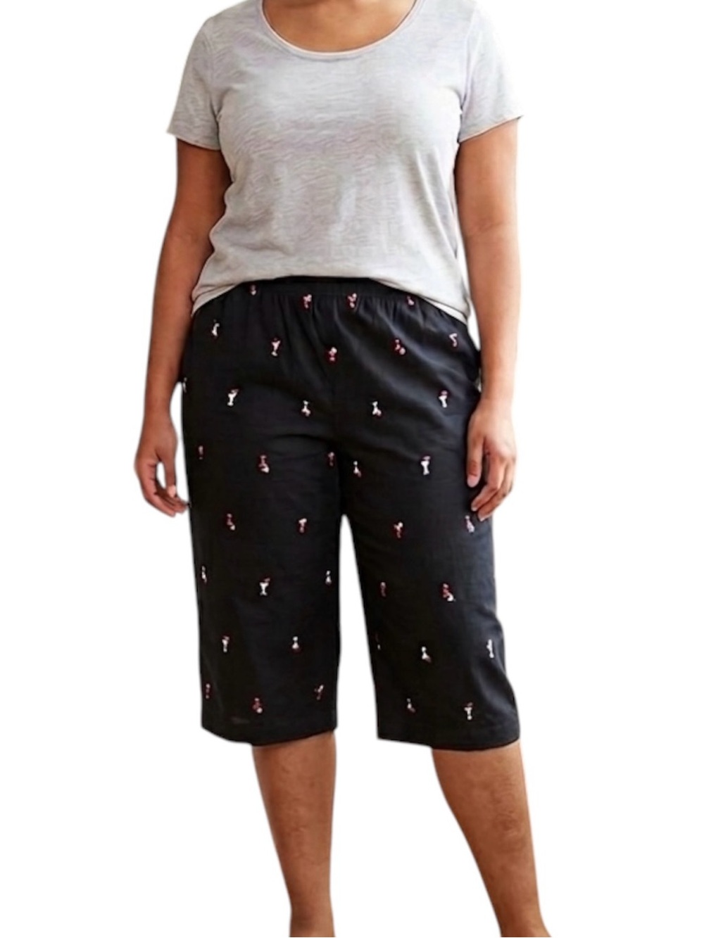 Retro Black Pink Cropped Embroidered Margarita Martini Pants Long Shorts 12